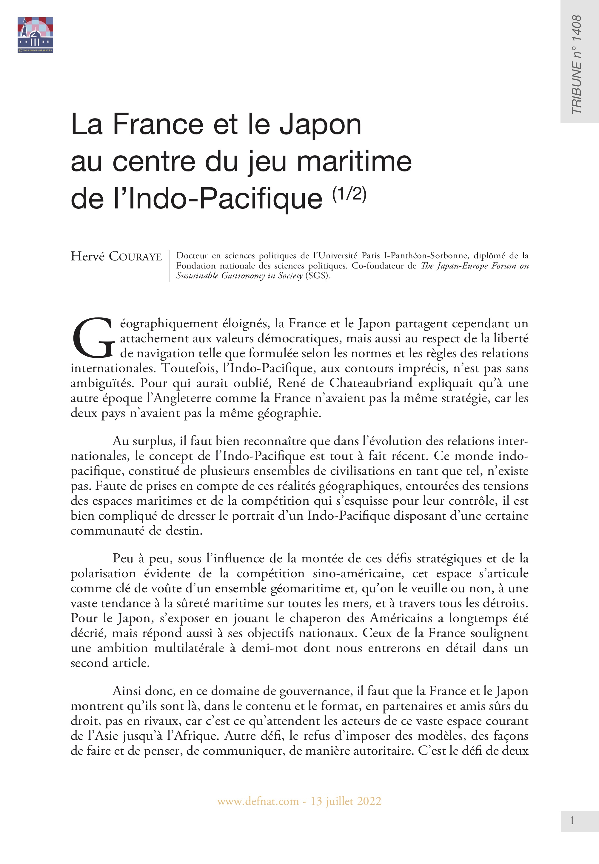 La France et le Japon au centre du jeu maritime de l’Indo-Pacifique (1/2) (T 1408)
